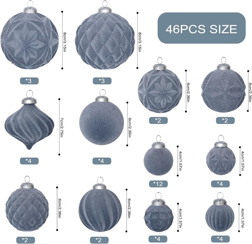46PCS Velvet Christmas Ball Ornaments Set, Flocked Shatterproof Xmas Tree Decor, Assorted Hanging Ornaments with Loop for Holiday Home Decor, Christmas Tree Decoration (Gray Blue)