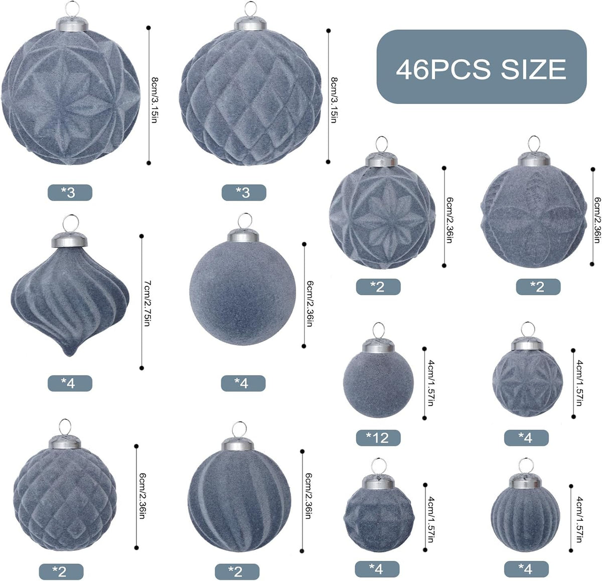 46PCS Velvet Christmas Ball Ornaments Set, Flocked Shatterproof Xmas Tree Decor, Assorted Hanging Ornaments with Loop for Holiday Home Decor, Christmas Tree Decoration (Gray Blue)
