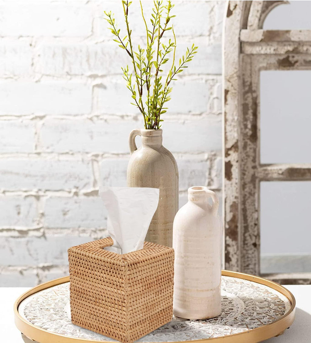 Livelab Rattan Tissue Box Cover, Square Hand Woven Natural Wicker Tissue Box Holder, Decorative Facial Napkin Holder Tissue Box Organizer Dispenser | Natural