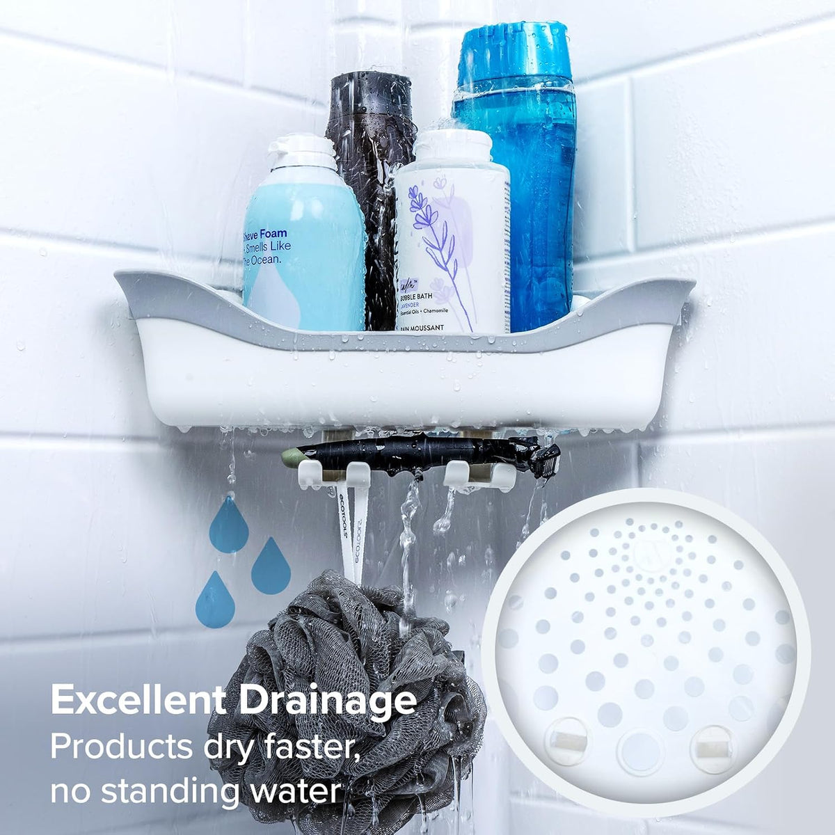 SlipX Solutions Corner Suction Cup Shower Caddy, Holds Up To 22 lbs, White