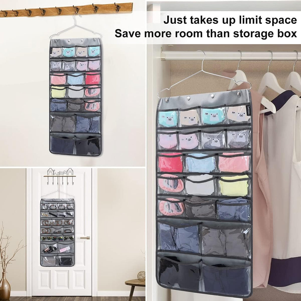 Dual Sided Hanging Organizer for Jewelry Makeup Storage Closet Organizers for Bows Socks Underwear with 42 Clear Pockets (GREY)
