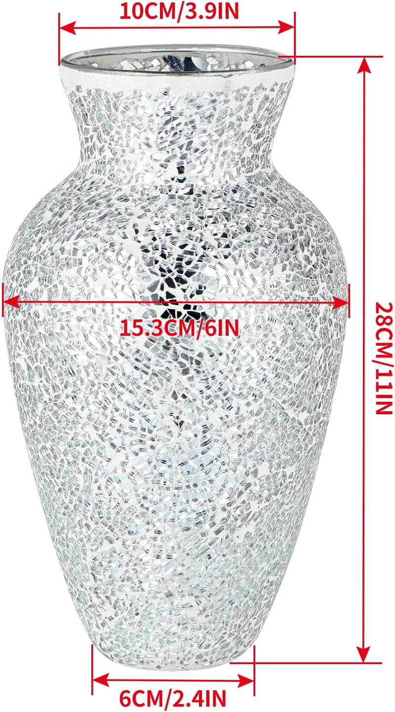 MDLUU Mosaic Vase 11" Tall, Handcrafted Cracked Glass Vase, Decorative Flower Vase for Home Decor, Wedding, Table Centerpiece, Gift (Silver)