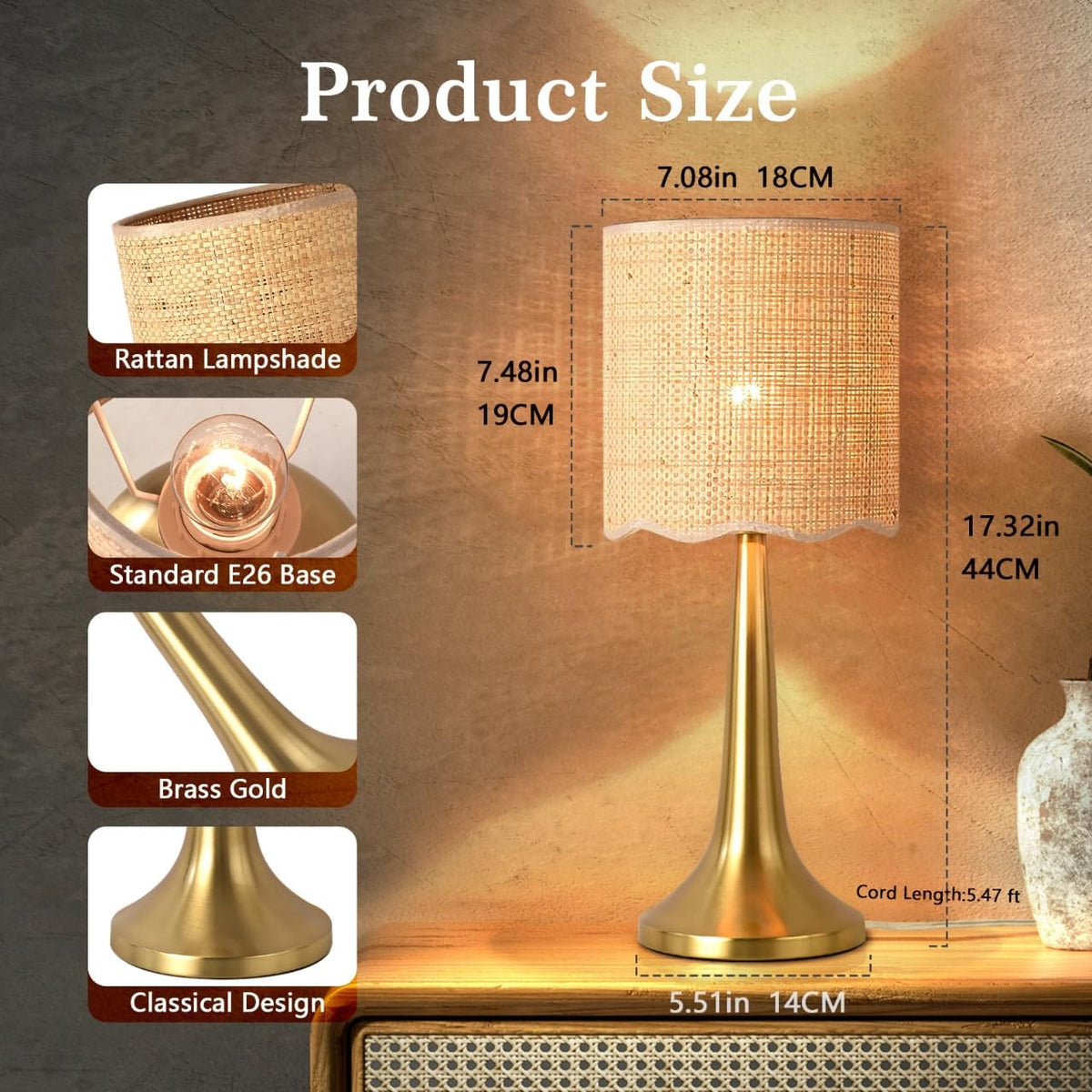 Ziqqeelam Gold Rattan Table Lamp for Bedroom, Brass Cute Wicker Lamps for Bedside Nightstand, Small Table Shape Lamps for Small Spaces for Kitchen Counter, Home Office, Living Room, Kids Dorm
