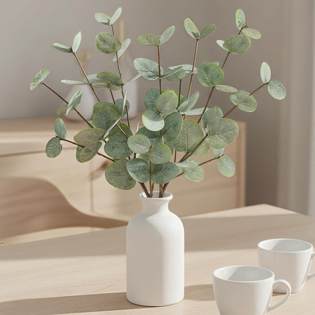15" Artificial Eucalyptus Stems Potted Plant - Realistic Small Fake Desk Plants for Office Home Decor, Faux Plants in Frosted Ceramic Vase for Indoor Spaces, Wedding Centerpieces Table Decor-4pcs leaf