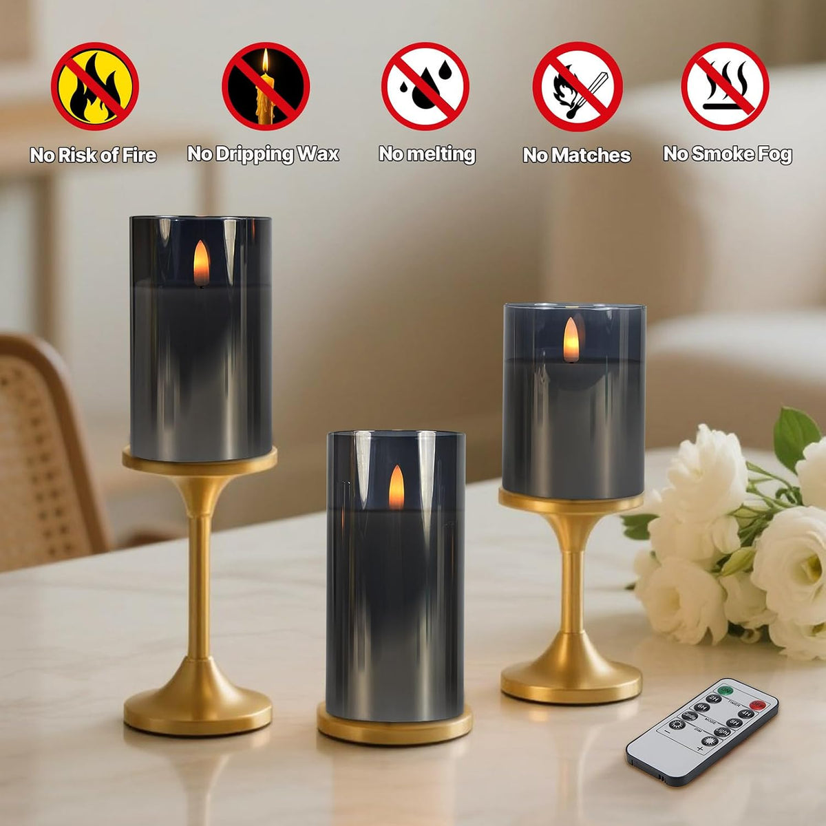 Flameless Glass Candles with Remote, Realistic Wax LED Pillar Candles JL-C3