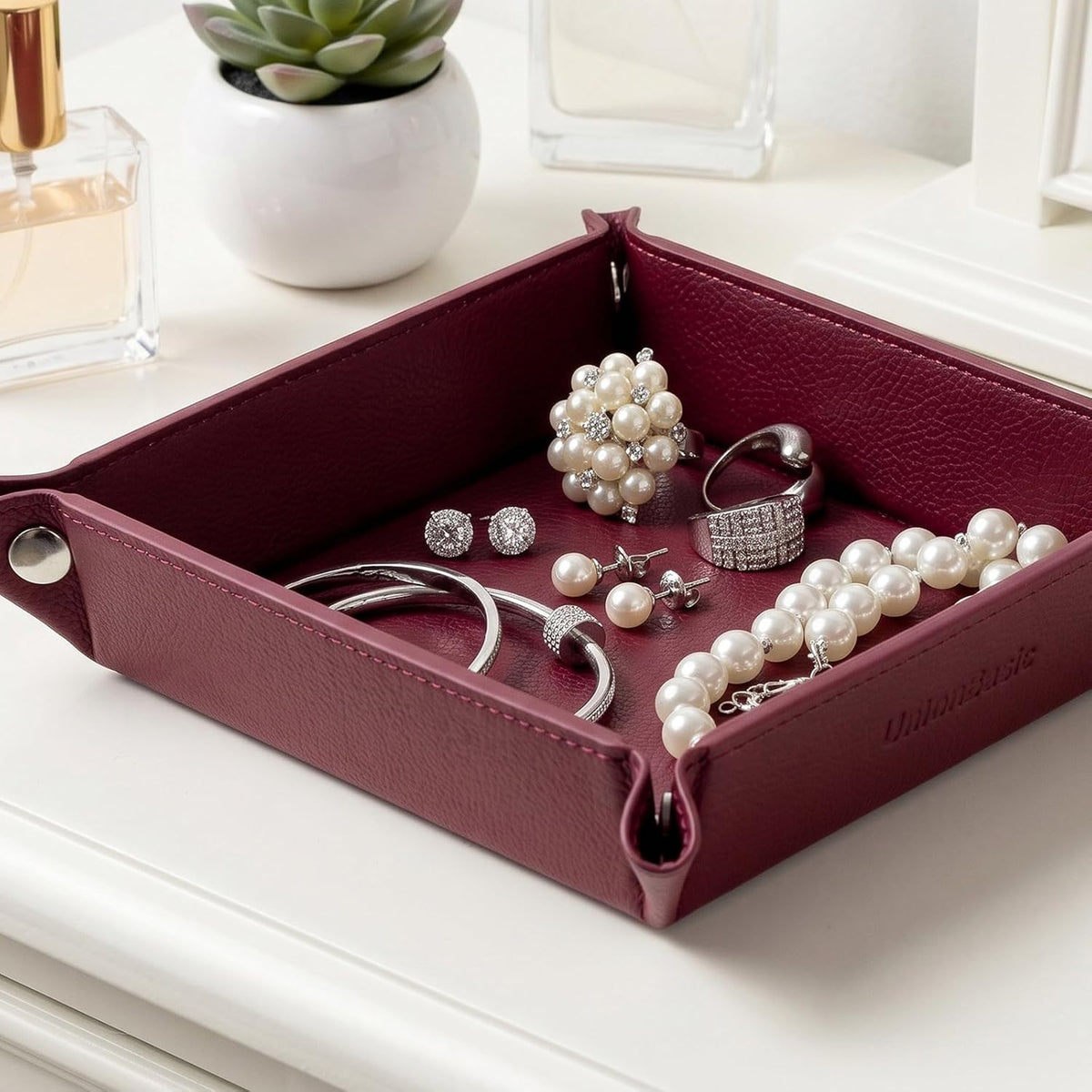 UnionBasic Small Jewelry Tray for Rings Watches Earrings, Entryway Catchall Caddy for Coins Keys Change, Nightstand Bedside Valet Holder, Trays for Electronic Gadgets, Lychee Burgundy