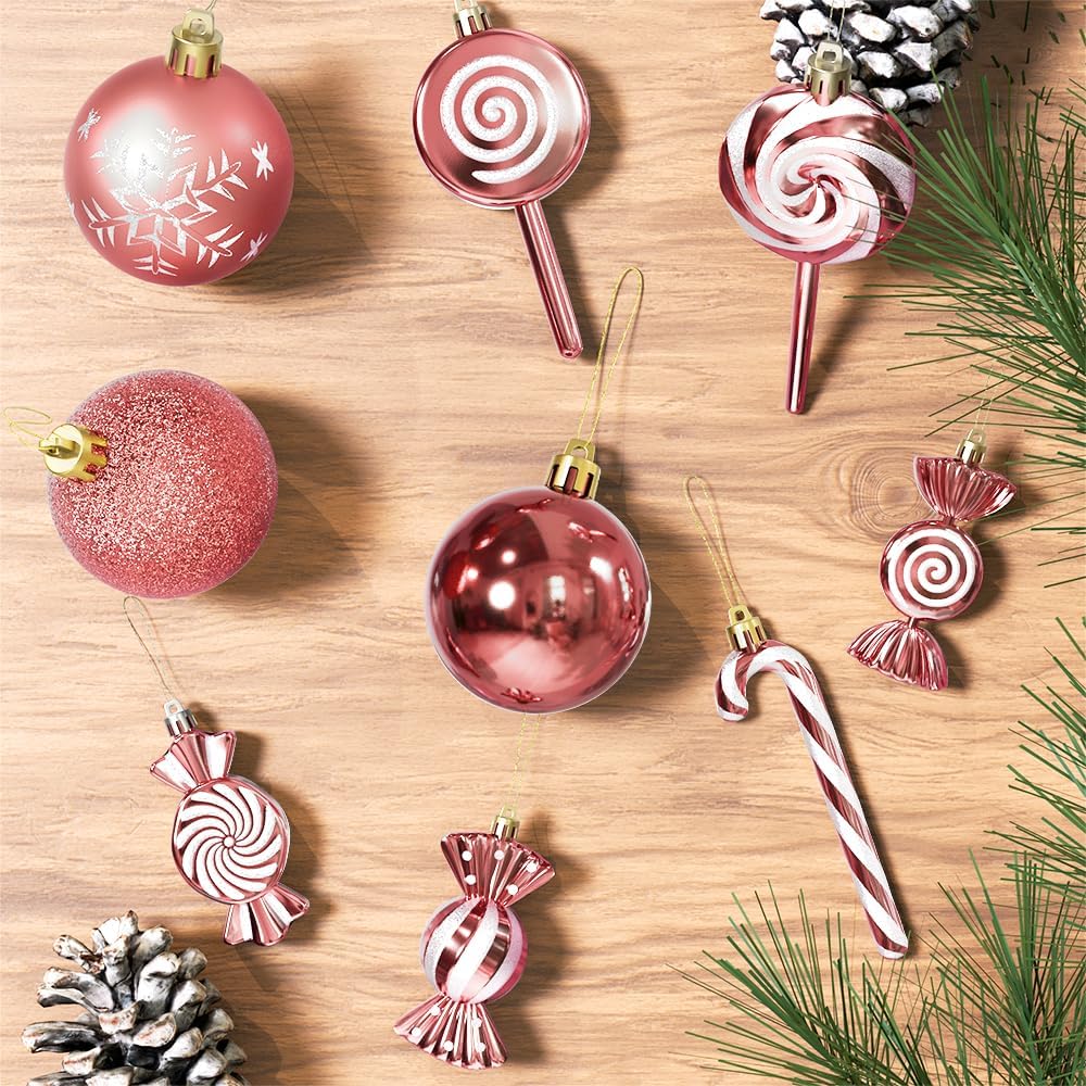 36 Pcs Christmas Ornaments, MOYEE Shatterproof Plastic Christmas Ornaments for Tree - Candy Cane Christmas Decorations Candies Christmas Ball Ornaments (Rose Gold)