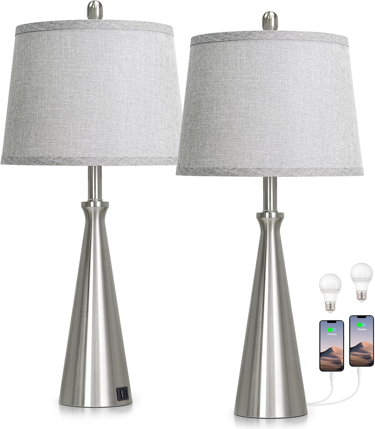 Rinweey 28" Silver Touch Table Lamps Set of 2 with USB A+C Ports, 3-Way Dimmable Bedroom Lamps for Night Stands, Tall Modern Living Room Lamps for End Tables (2 LED Bulbs Included)