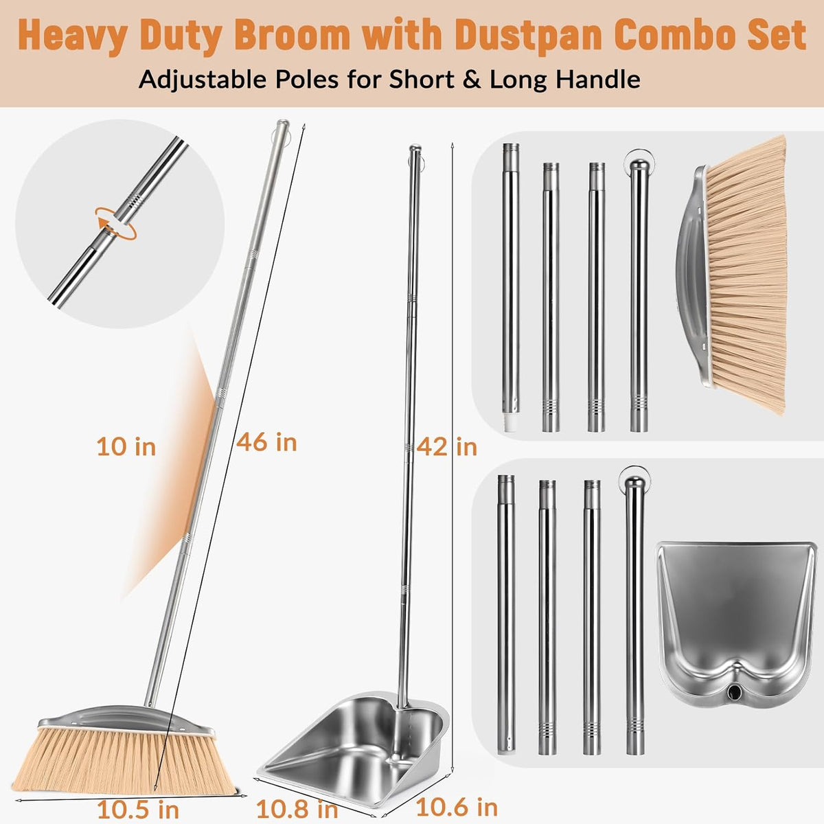 Broom with Dustpan Combo Set, 46" Stainless Steel Broom and Dustpan Set for Home, Heavy Duty Dust Pan with Long Handle, Broom for Sweeping Indoor and Outdoor, Kitchen Broom and Dust Pan (Khaki)