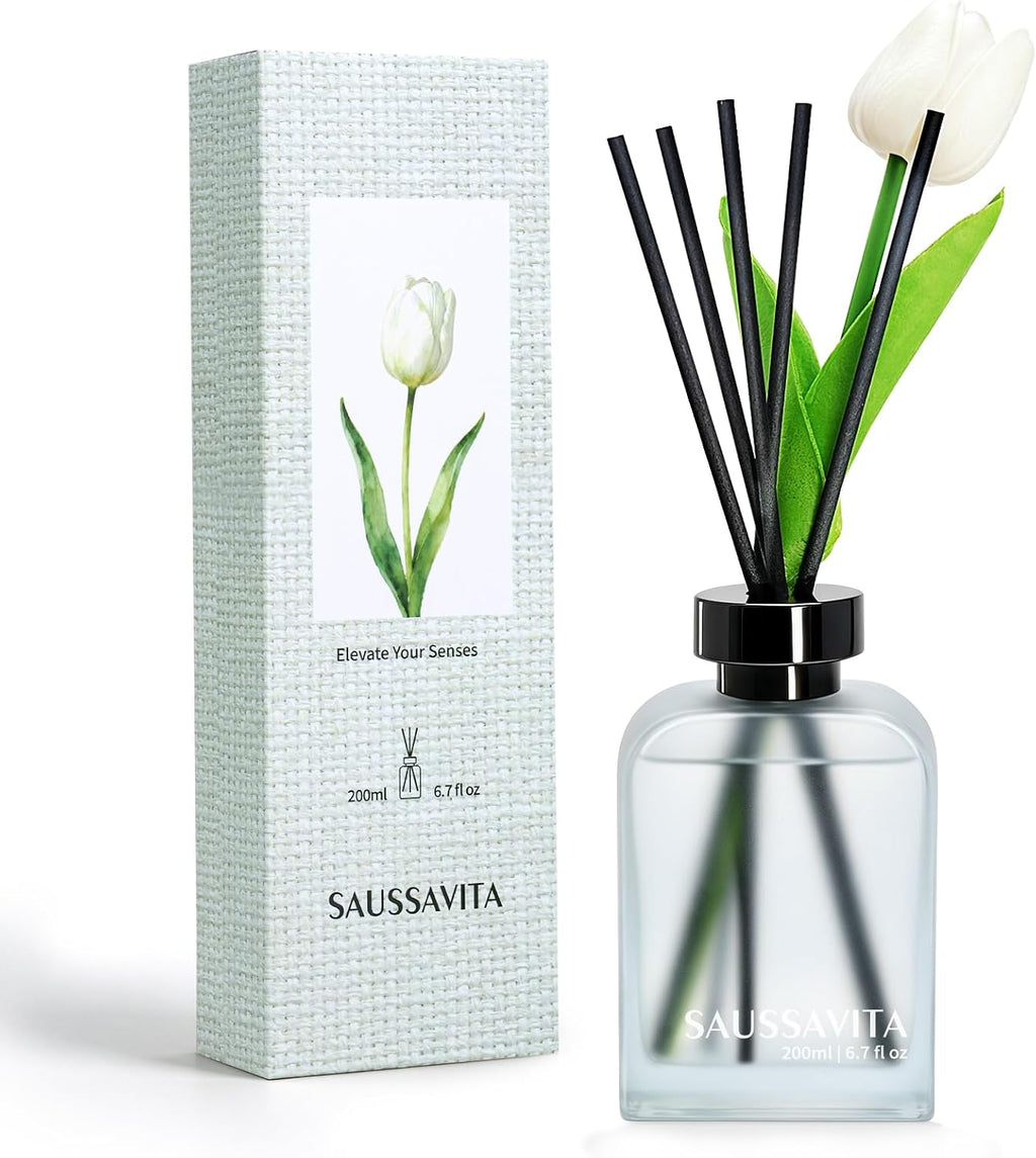 Reed Diffuser Set Clean Linen Scent with Vintage Rectangle Bottle 6.76 oz, Reed Diffusers for Space-Saving Home Decor with Tulip Flower, Reed Diffuser for Entryway Decor, Shelves Decor