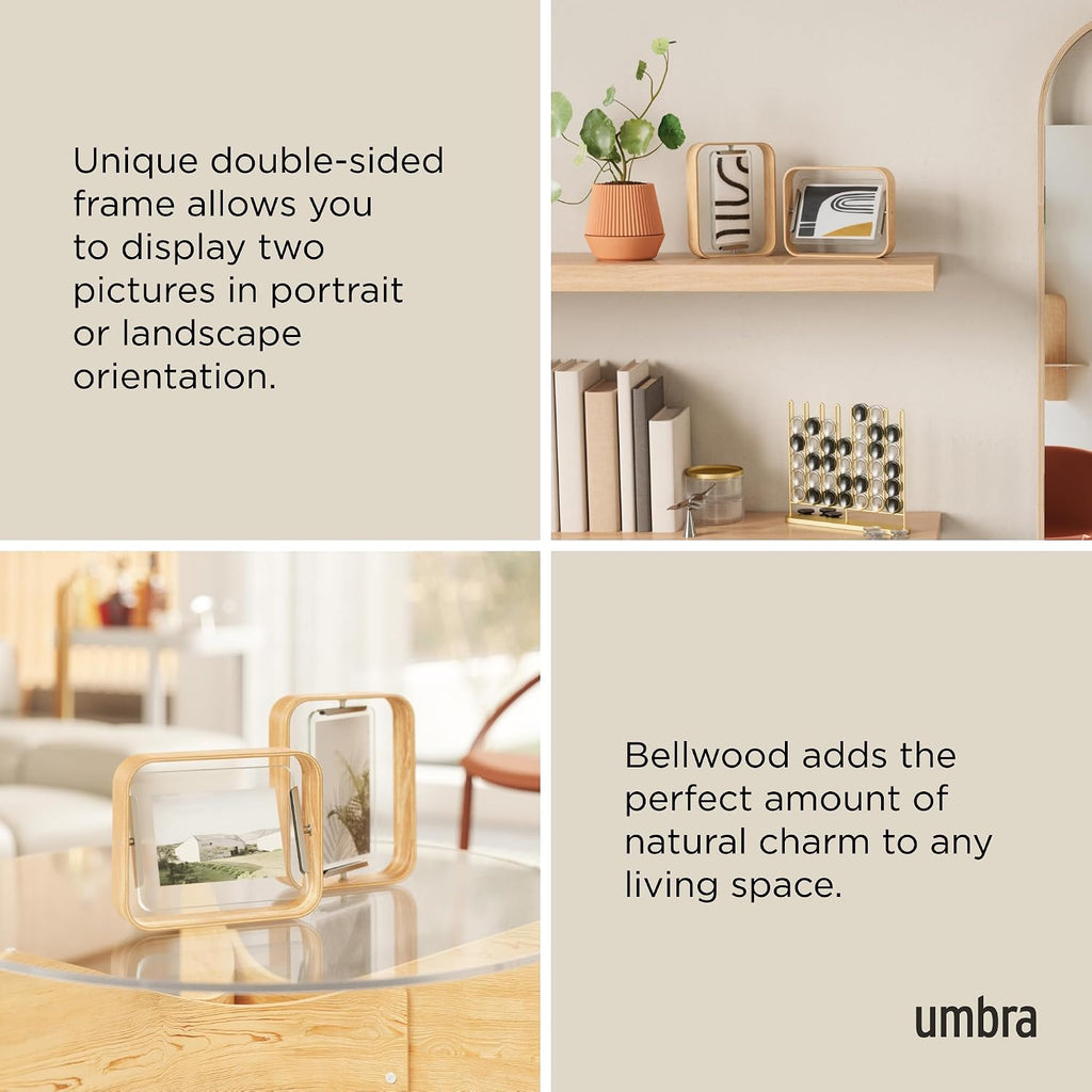 Umbra Bellwood 5x7" Desk Picture Frame with Bent Wood Trim and Two-Sided Rotating Display, Natural