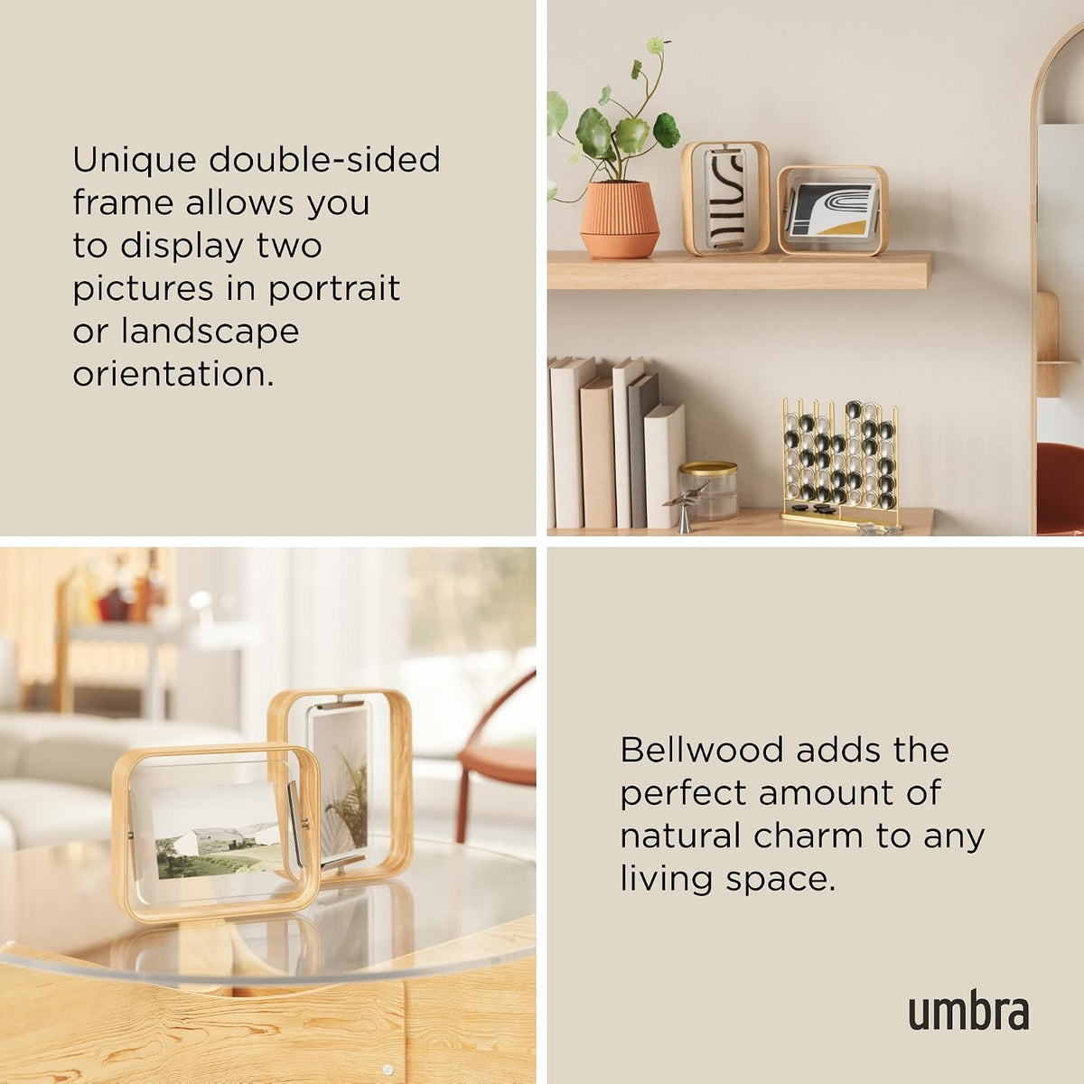 Umbra Bellwood 5x7" Desk Picture Frame with Bent Wood Trim and Two-Sided Rotating Display, Natural