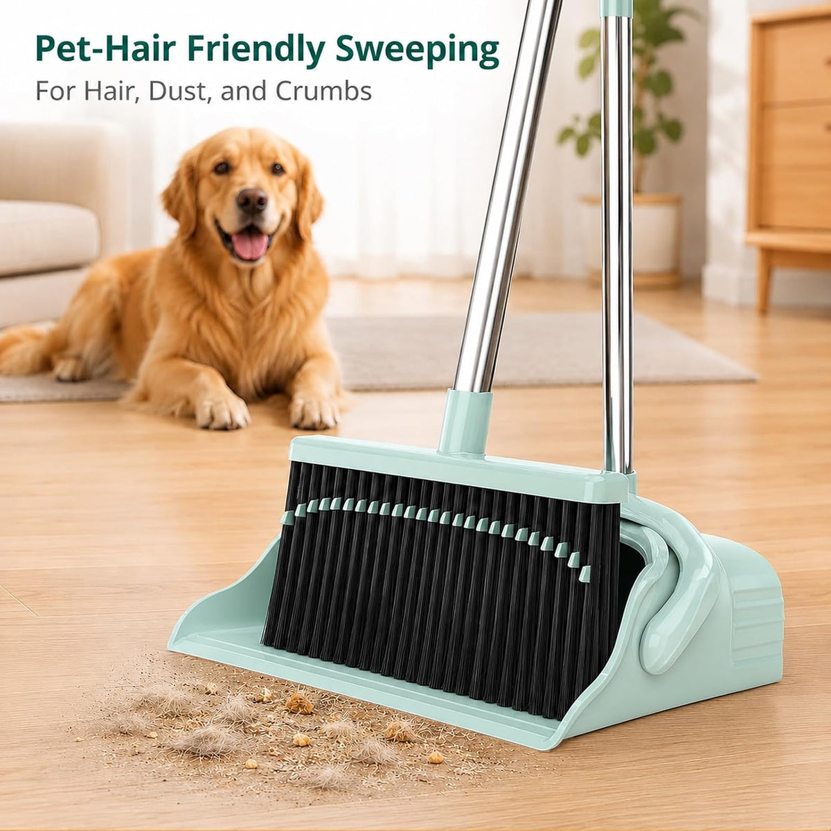 Broom and Dustpan Set, 52-Inch Adjustable Long Handle with Self-Cleaning Comb Teeth, Flexible TPR Lip and Foot-Assisted Fold-Up Dustpan for Pet Hair, Dust, Crumbs and Hard Floors, Green