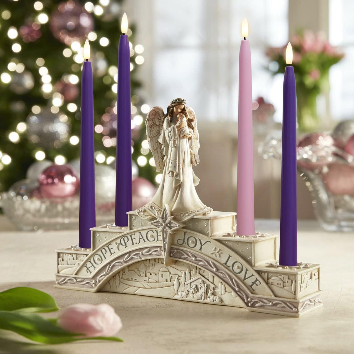 Stmarry Flameless Advent Candles, Set of 4 - Flickering LED Flame, 11 Inch Taper Candlesticks, Remote Controlled, Purple and Pink for Christmas Wreath