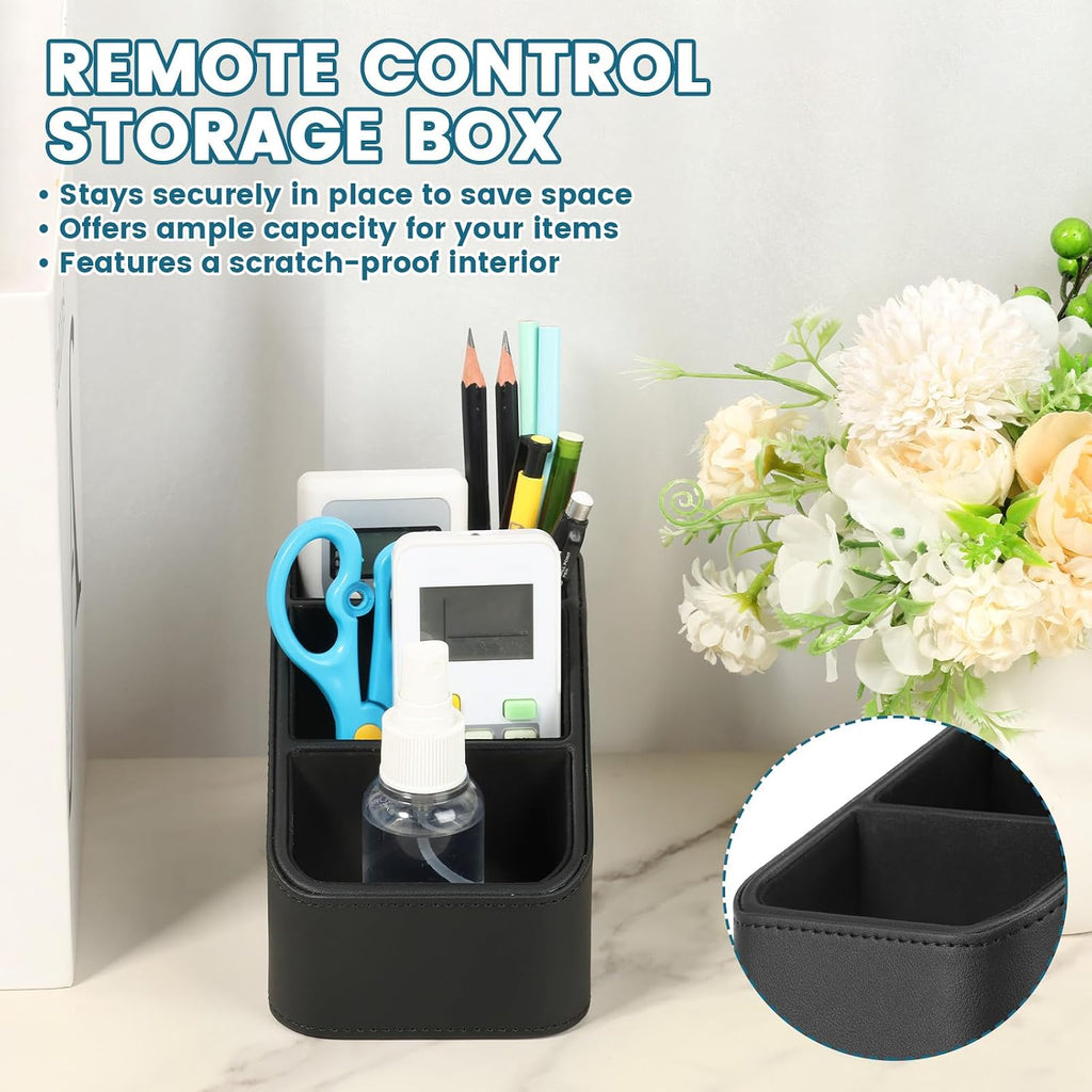 PU Leather Remote Control Holder, TV Remoter Caddy Desktop, Remote Caddy Box with 3 Compartments for Nightstand Bedside Table Couch Desk, Small Storage Organizer for Glasses, Cosmetics, Office Supply