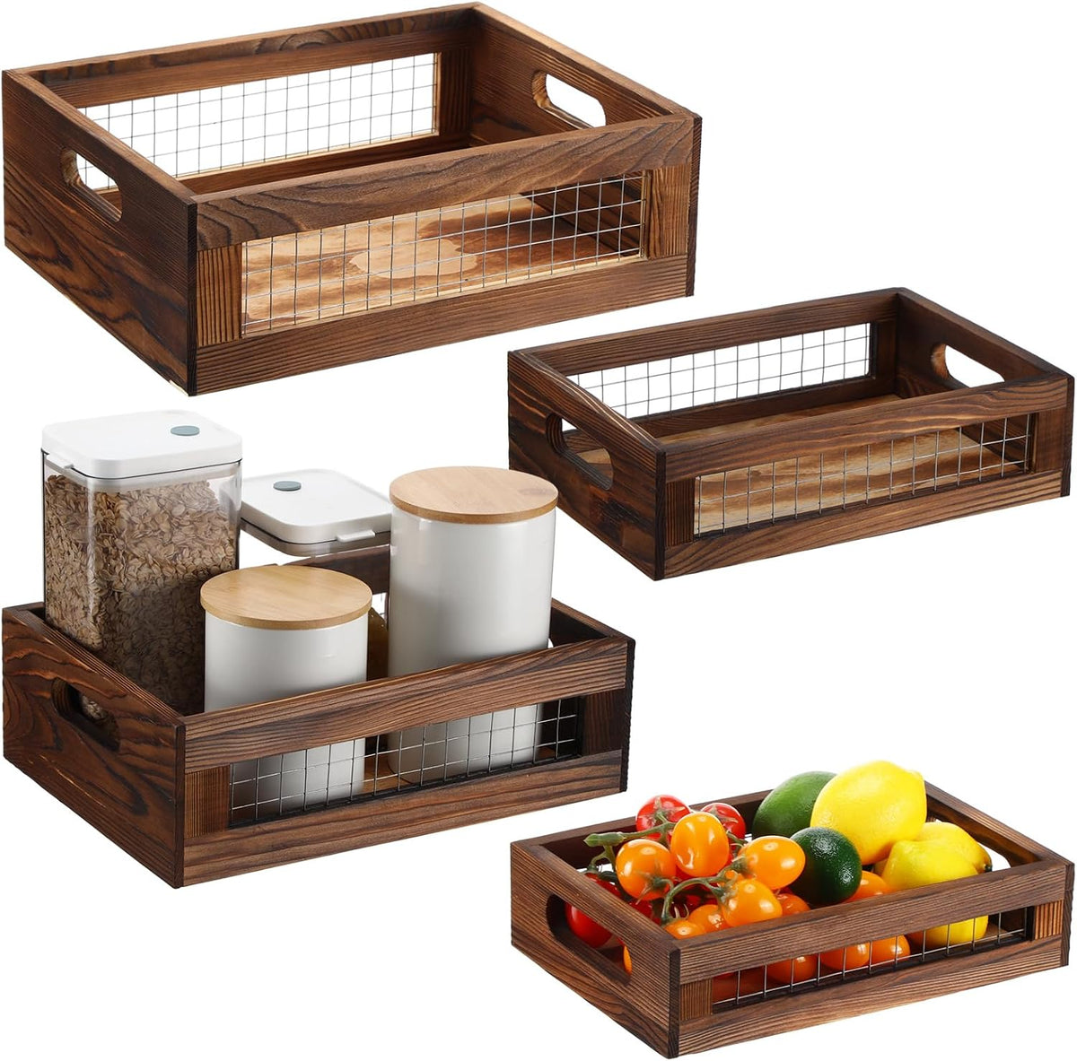 FillTouch 4 Pcs Wooden Nesting Countertop Baskets, Walnut, Small