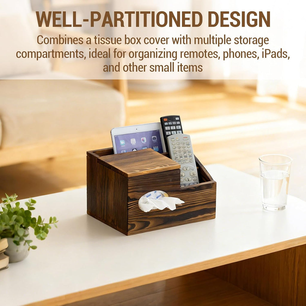 MyGift Deluxe Burnt Wood Remote Control Caddy with Tissue Box Cover – Multi-Compartment Organizer for TV Remotes, Phone, Tablets and Living Room Essentials