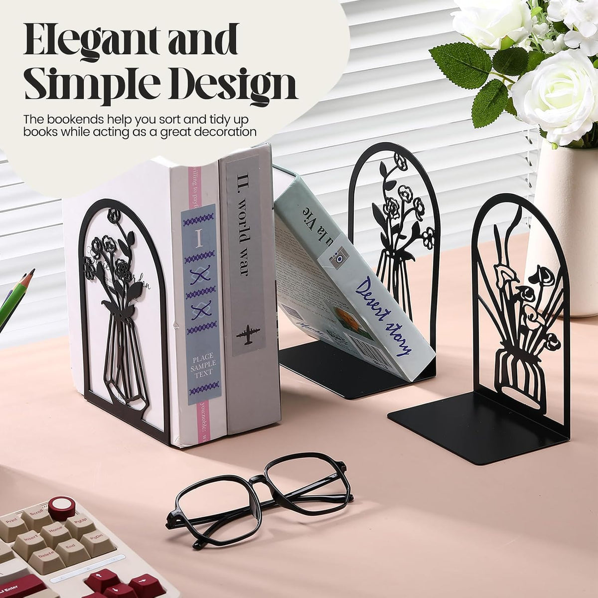 Feifeiya 6 Pairs Decorative Book Ends Metal Bookends for Shelves Black Metal Heavy Duty Book Ends Holder Supports Stoppers for Home Office School, 6.9x4.9x3.5”(Vase)