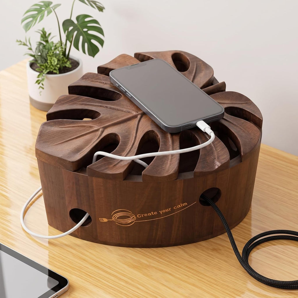 Acacia Wood Cable Management Box, Wooden Hider & Organizer for Power Strip