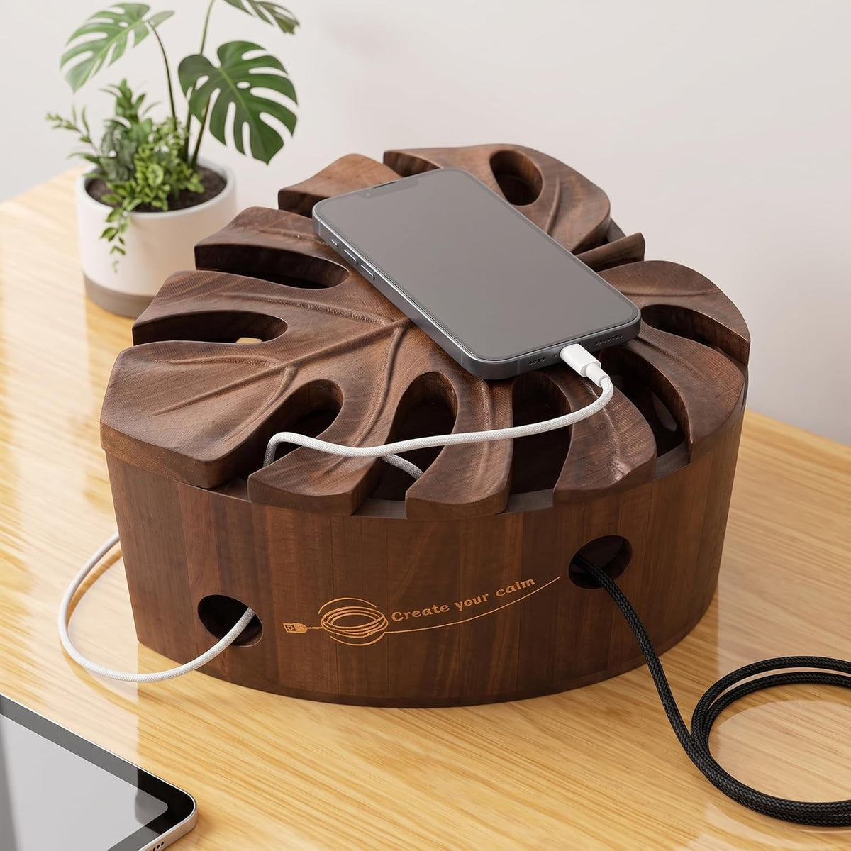 Acacia Wood Cable Management Box, Wooden Hider & Organizer for Power Strip