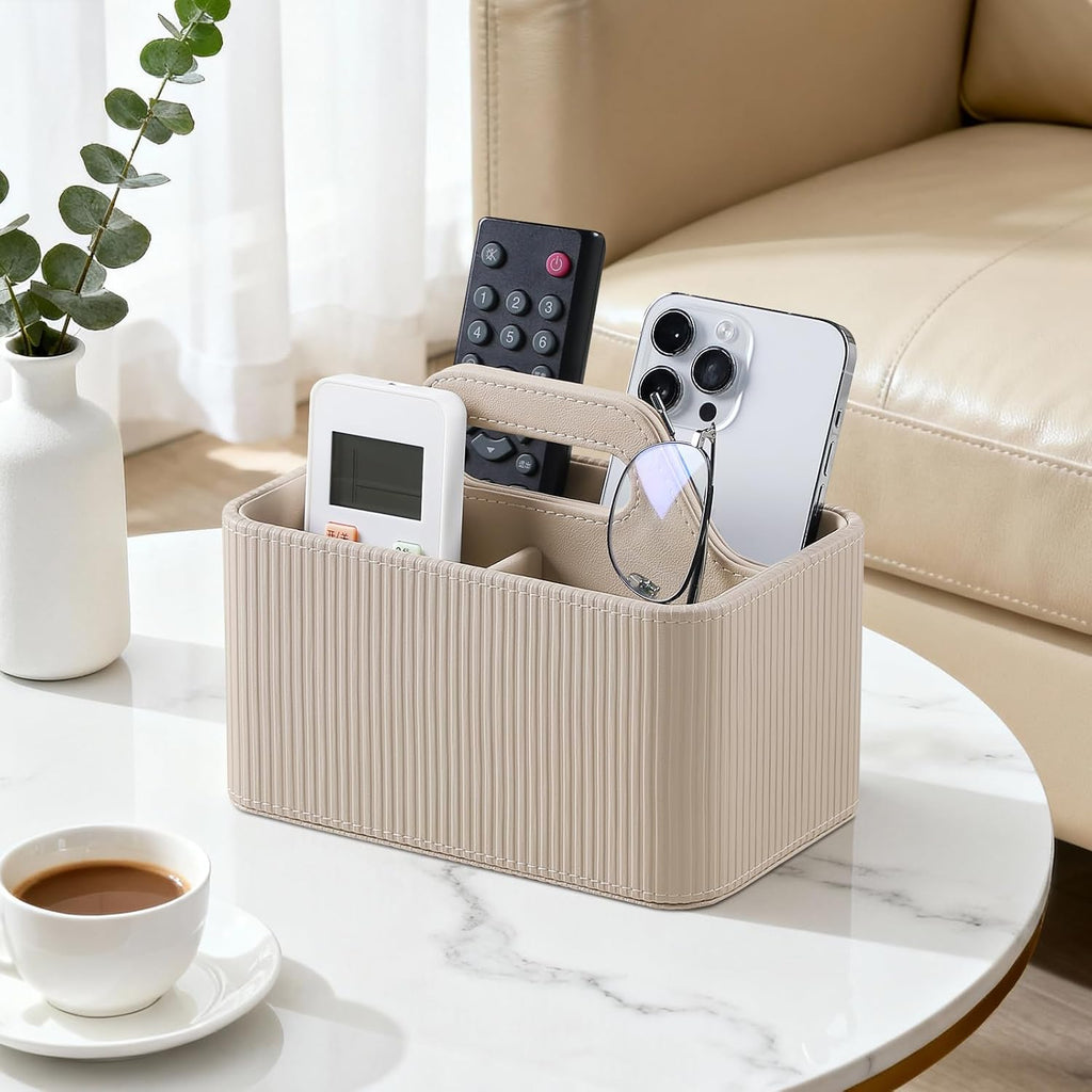 Ribbed Portable Remote Control Holder, PU Leather Desk Organizer