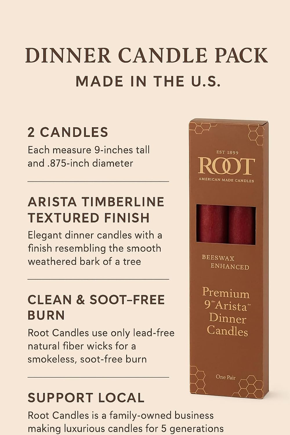 Root Candles 2-Count Unscented Dinner Candles Rustic Dripless Beeswax Blend Timberline Arista Candles, 9-Inch, Garnet Red