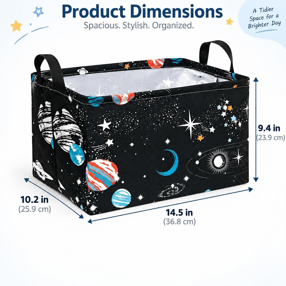 Space Storage Basket, Rectangular Cotton Linen Blend Organizer Bin with Handles, Foldable Black Galaxy Planet and Star Storage Box for Shelves, Closet, Bedroom and Dorm Room