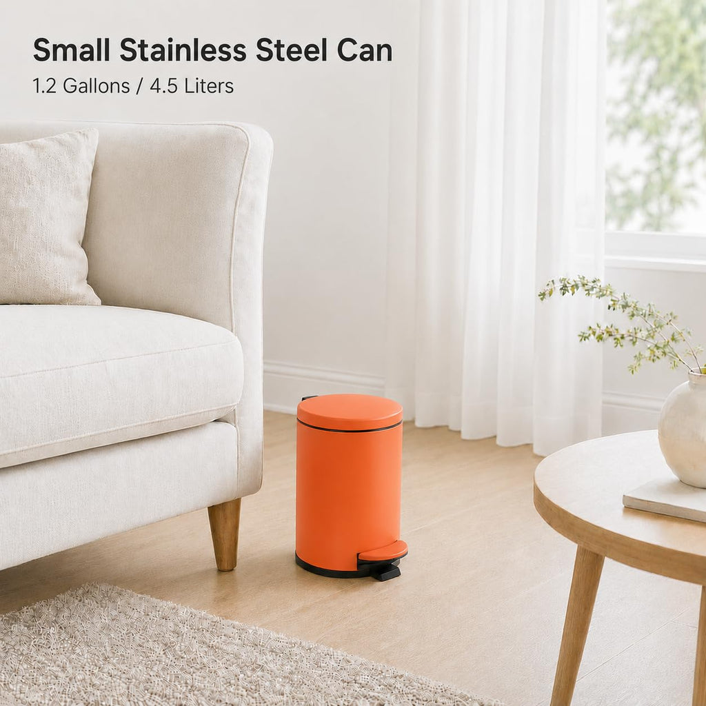 TIPGO Small Bathroom Trash Can with Lid Soft Close, 1.2 Gal, Orange