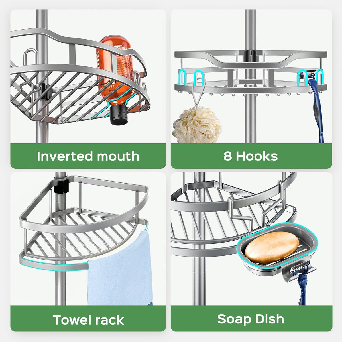 HAMITOR Shower Caddy Tension Pole: Rustproof Quick Install Standing Corner Bathroom Organizer Shelf on Floor for Renters - 4-Tier Large Capacity Storage Rack with Soap Holder for Apartment -Silver