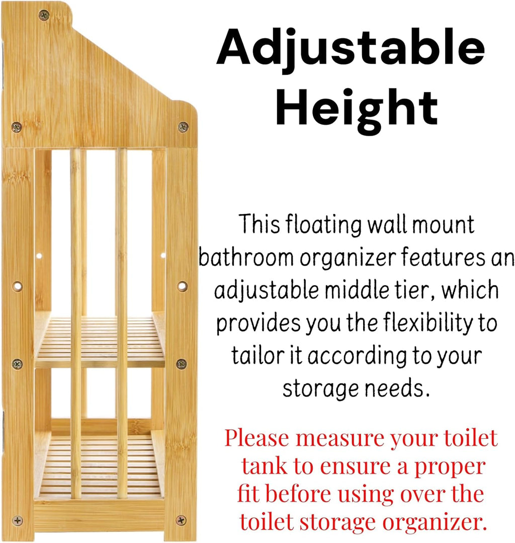 Goaste Bamboo Over The Toilet Storage Shelf, 3-Tier Wall Mounted Bamboo Rack Organizer, Floating Rack with Hanging Rod, Free Standing Shower Shelf with Adjustable Layer for Kitchen, Bathroom, Home