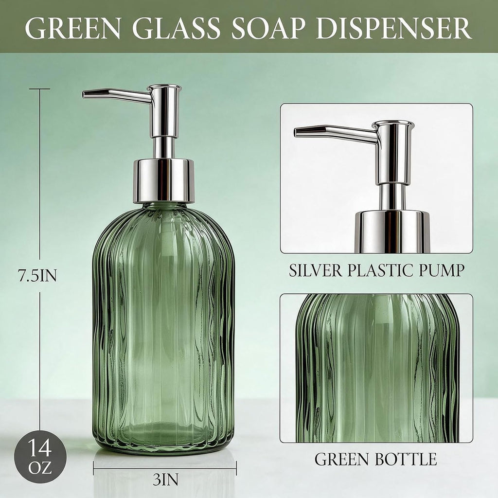 14 Oz Green Glass Soap Dispenser with Silver Plastic Pump, Striped Style
