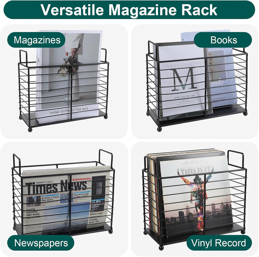 Metal Magazine Rack Floor, Wire Magazine Rack Storage Organizer with Handles - Iron Wire Black Folder Stand Holder for Home Office Bathroom Bedroom Living Room