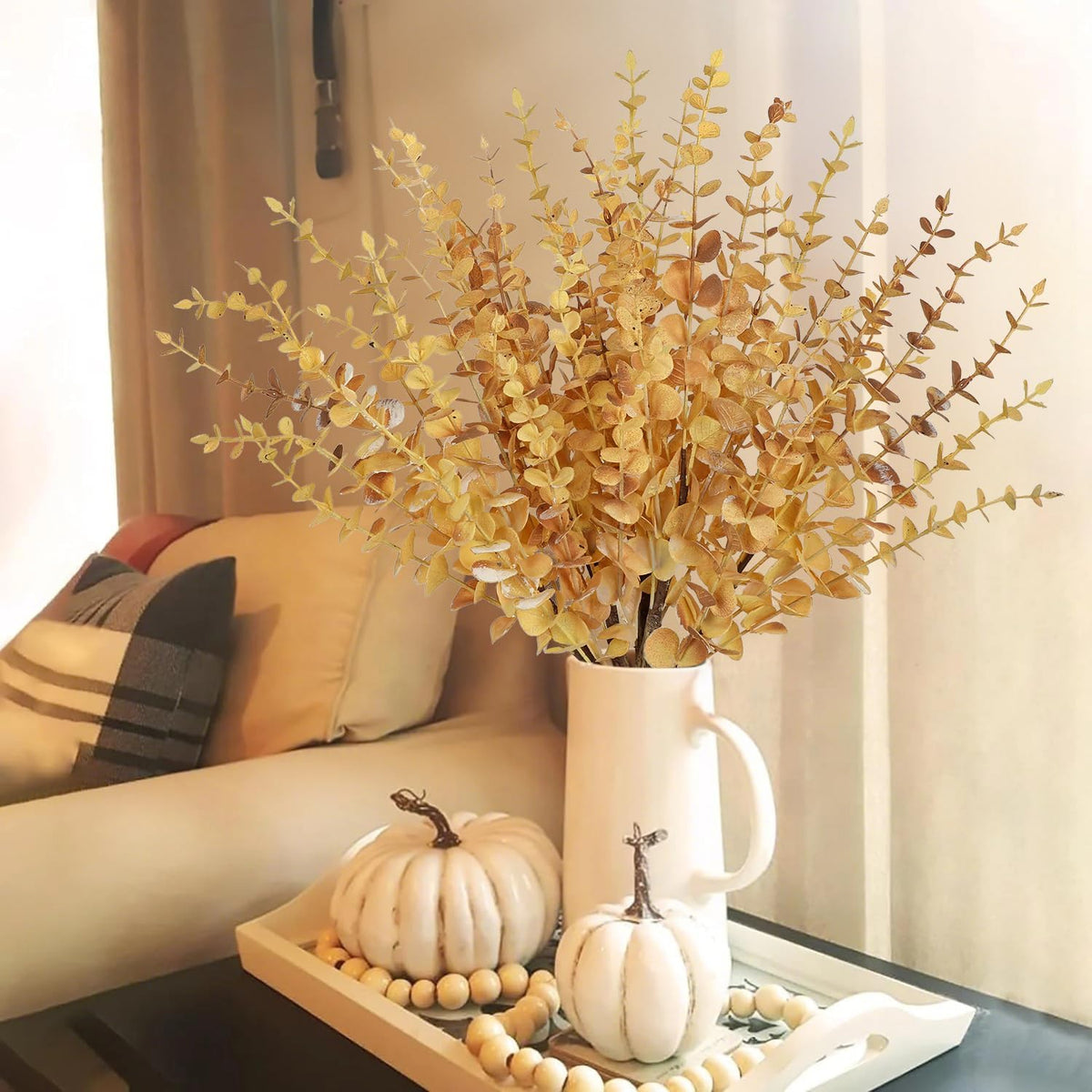GnFlus Artificial Eucalyptus Stems Fall Yellow leaves 5 Pcs