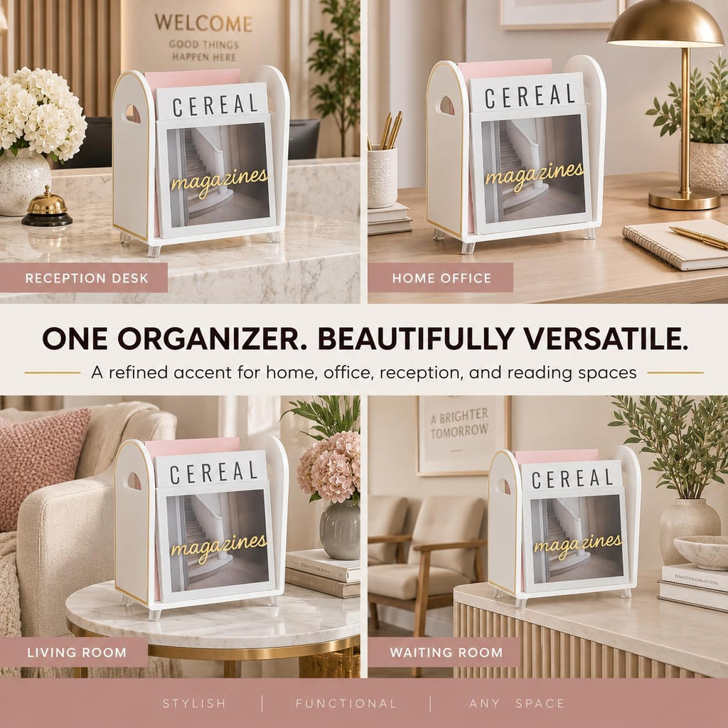 Khen Acrylic Magazine Rack Holder & Gold Trim - 12.40" x 10" x 4.49" - Crystal Lucite Clear - Shatterproof - Open Top - Space Saver - For Magazines, Publications, Office Desk, Reception, Waiting Room
