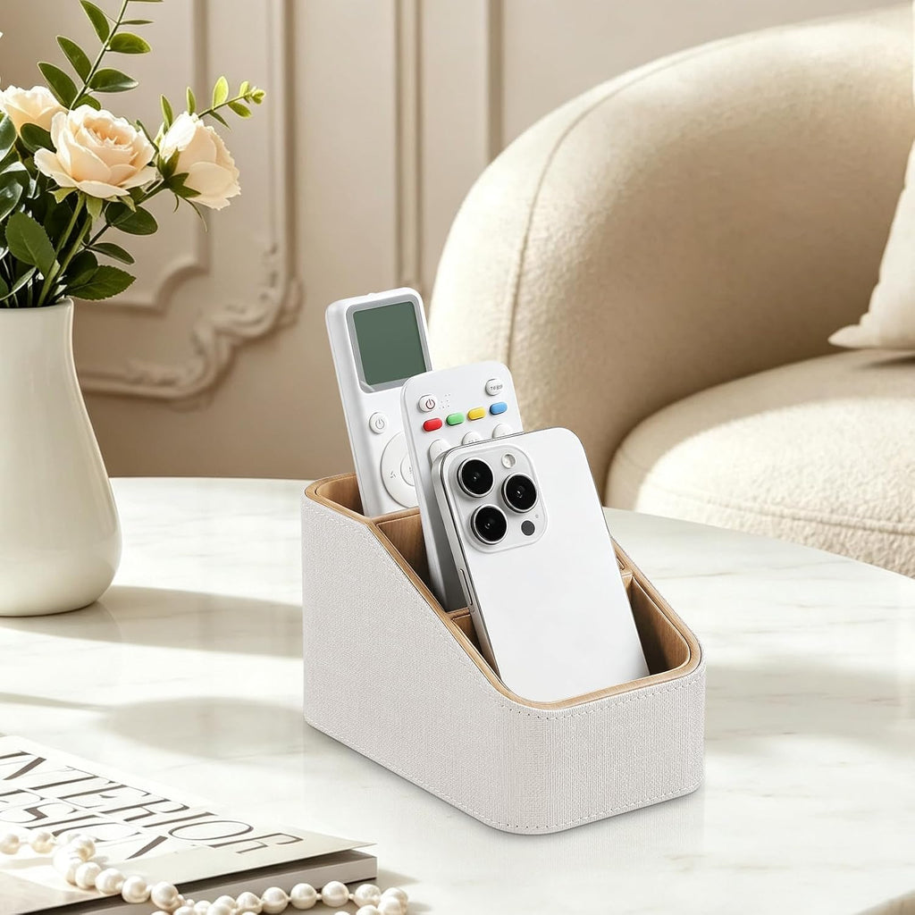 Remote Control Holder, PU Leather Nightstand Organizer (Linen)