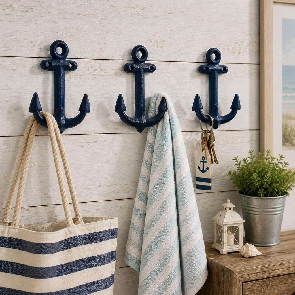 Wowser Nautical Cast Iron Ship Anchor Wall Hooks, 6 Inches, Set of 3 (Blue)