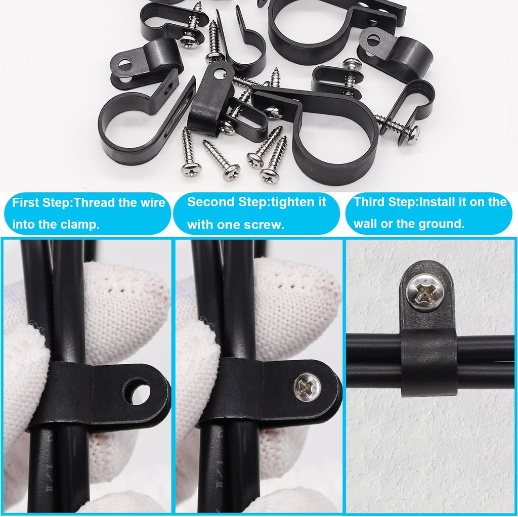 TWTADE 306PCS Black Cable Clamps Nylon Plastic R-Type 6 Sizes 3/16'' 1/4'' 3/8'' 1/2'' 3/4'' 1'' Cable Mounting Wire Clips Assortment Kit with Screws for Wire Management H-049