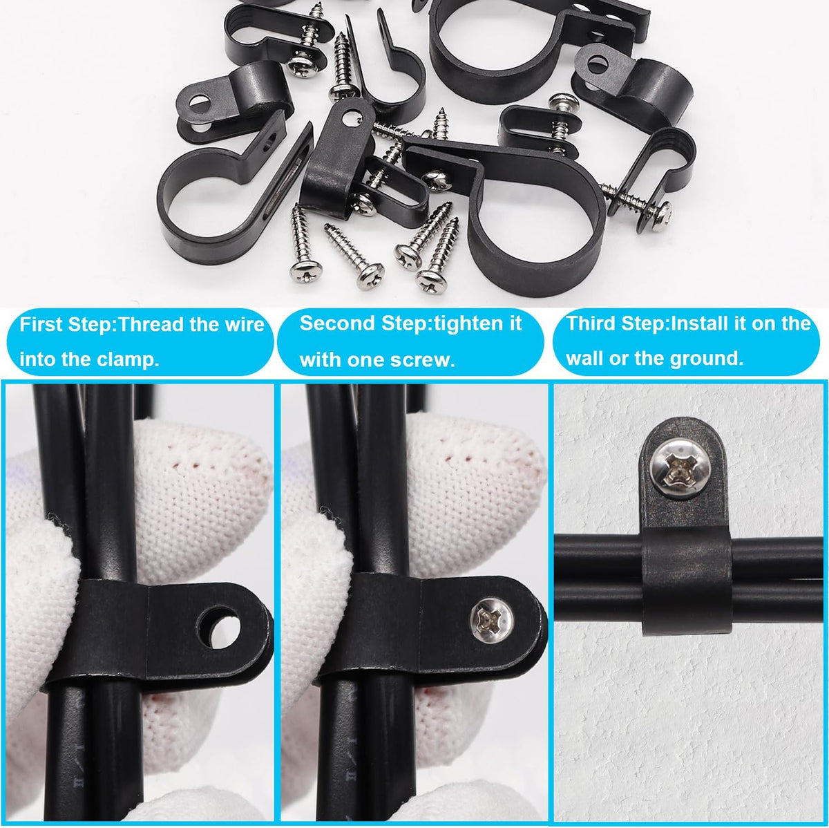TWTADE 306PCS Black Cable Clamps Nylon Plastic R-Type 6 Sizes 3/16'' 1/4'' 3/8'' 1/2'' 3/4'' 1'' Cable Mounting Wire Clips Assortment Kit with Screws for Wire Management H-049
