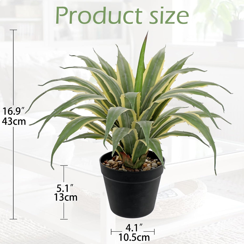 Hollyone Large Artificial Agave Plants 16.9" Tall Fake Agave Plant in Black Pot with Real Stone Pebbles Faux Succulent Aloe Tropical Plants Potted for Indoor Outdoor Home Patio Garden Decor