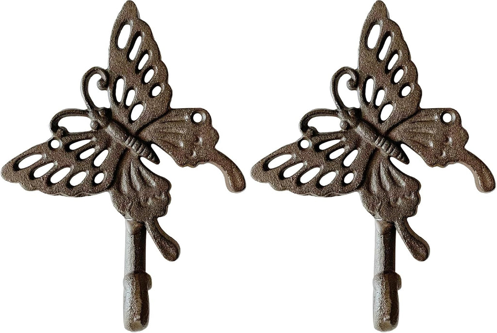Rustic Butterfly-Shaped Decorative Wall Hook Rack Hangers for Hanging Clothes, Coats, Towels, Keys, and Hats, 2-Pack Antique Cast Iron Mounted Wall Hooks