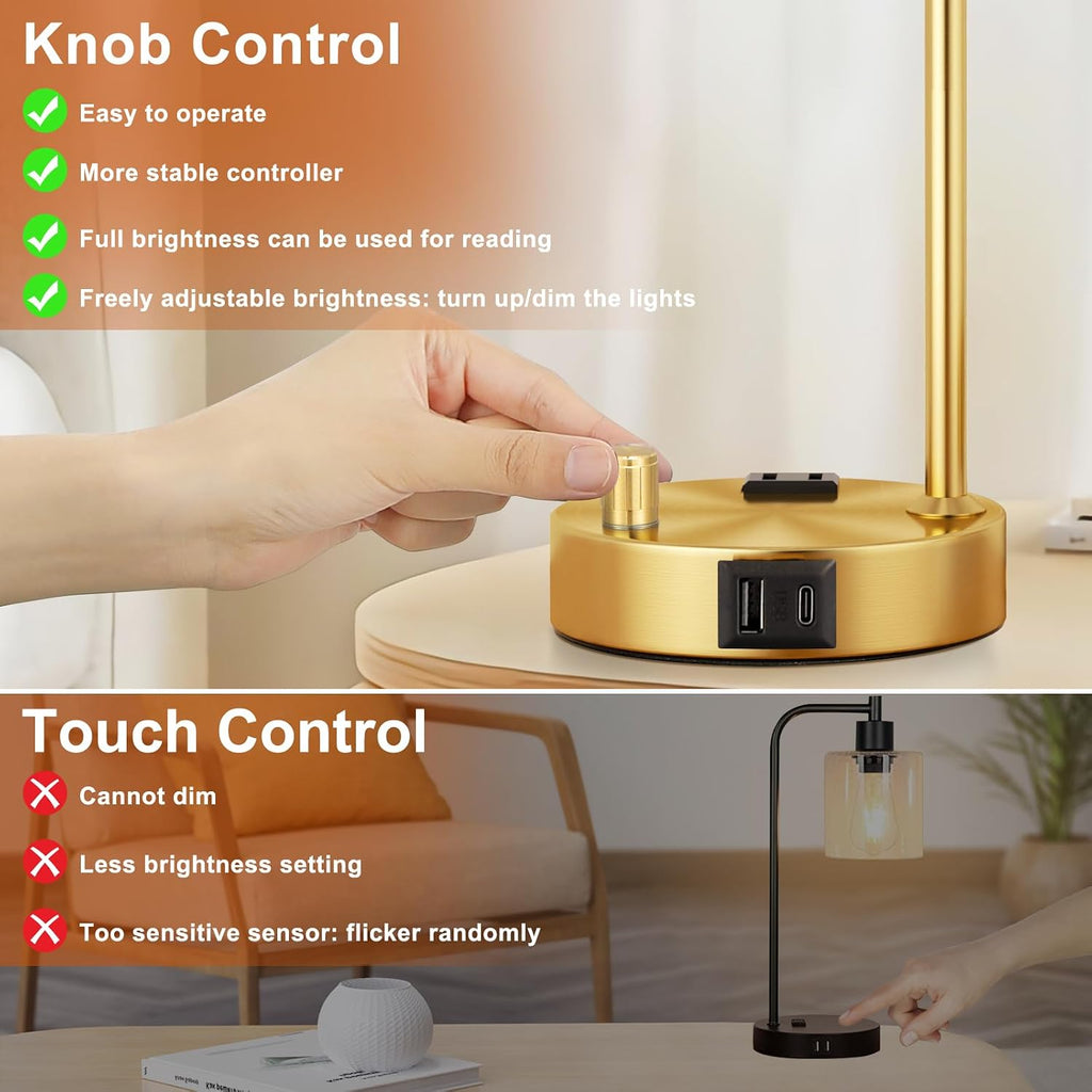 Innqoo Industrial Table Lamps for Bedroom Set of 2 - Fully Dimmable Bedside Lamps with USB Ports and Outlet, Gold Nightstand Lamps with Opal Glass Shade for Living Room, Desk Lamps for Office Reading