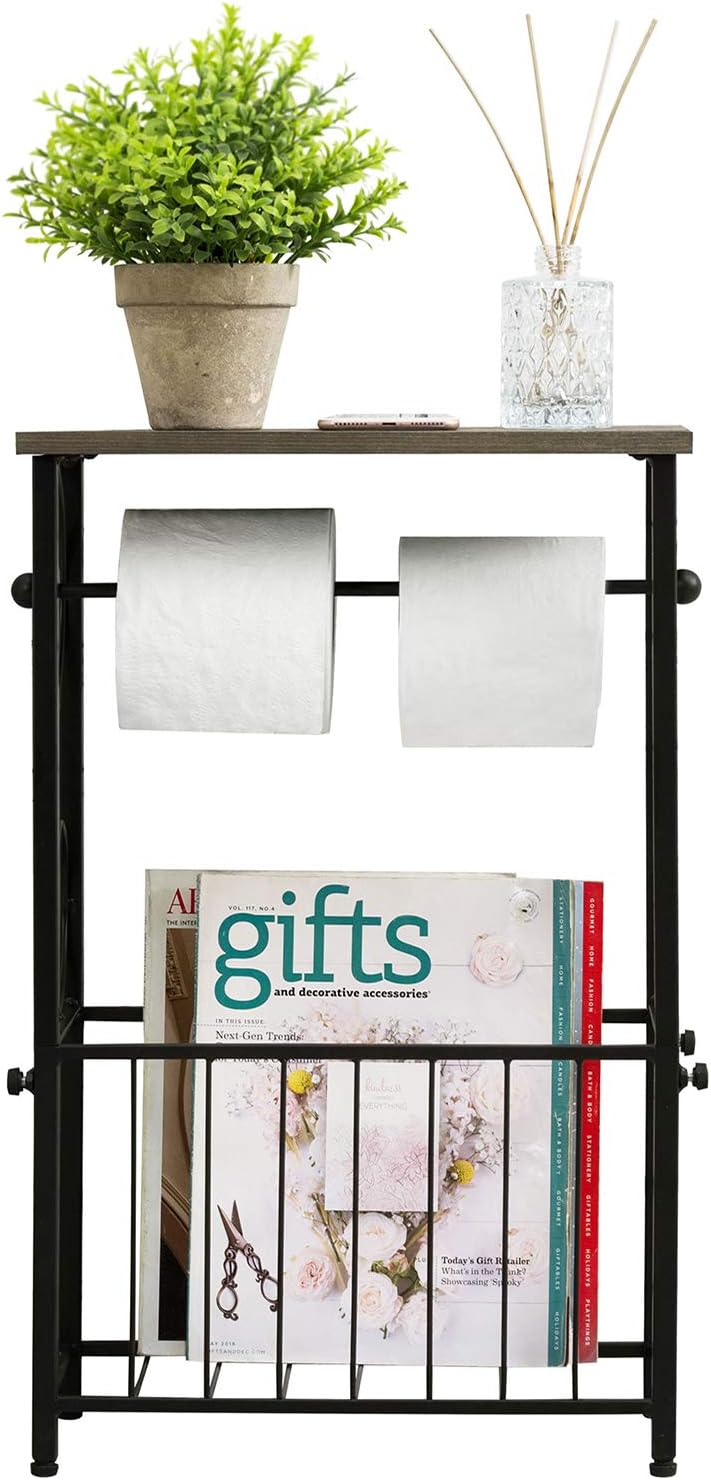 MyGift Toilet Paper Holder Stand with Magazine Rack, Gray Wood Shelf