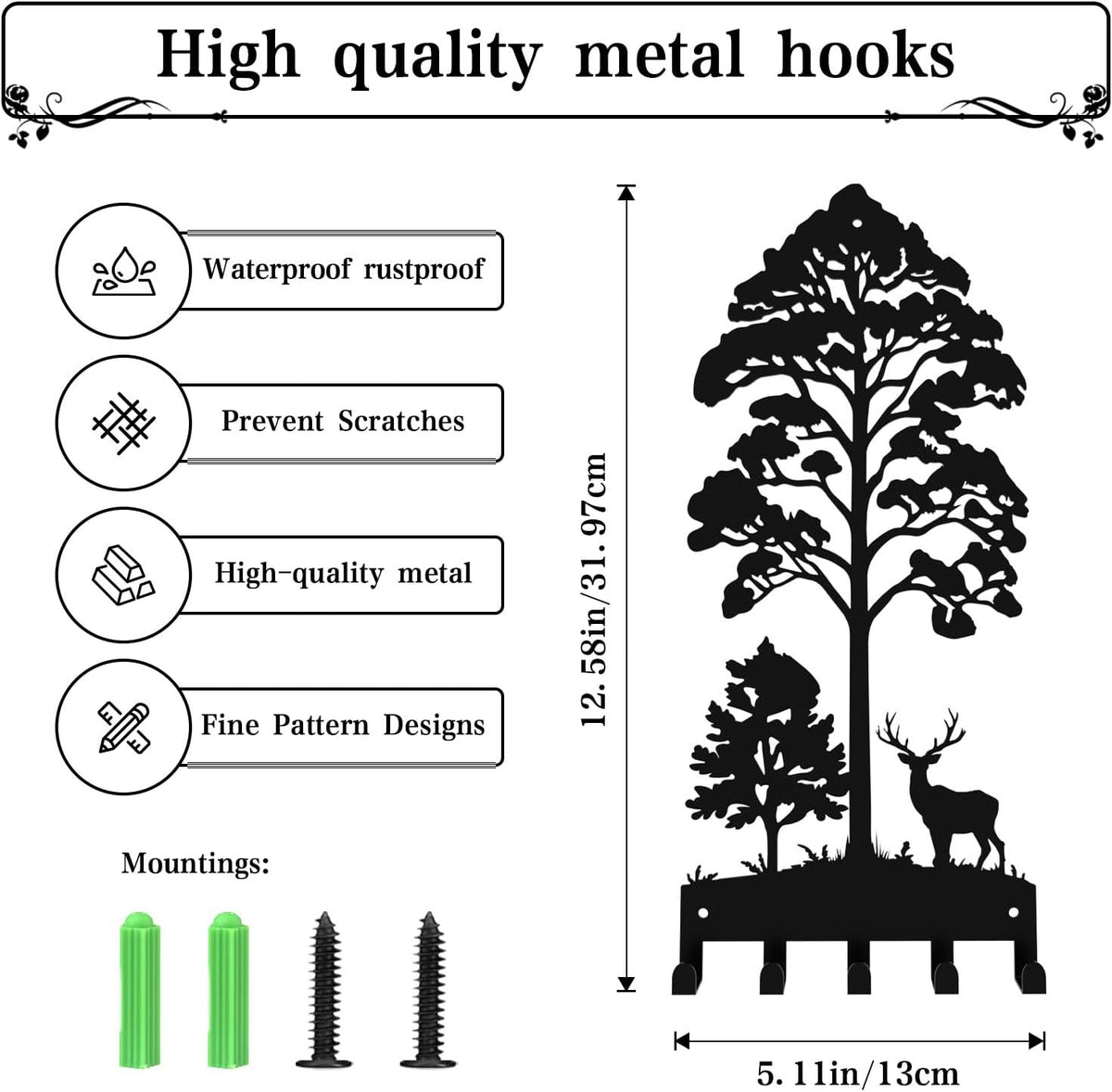 Key Holder for Wall, Metal Key Holder Hooks Organizer Rack, Key Organizer Wall Decorative with 5 Hooks for Entryway, Front Door, Hallway, Bedroom, Office (12 Inches, Deer, Tree)