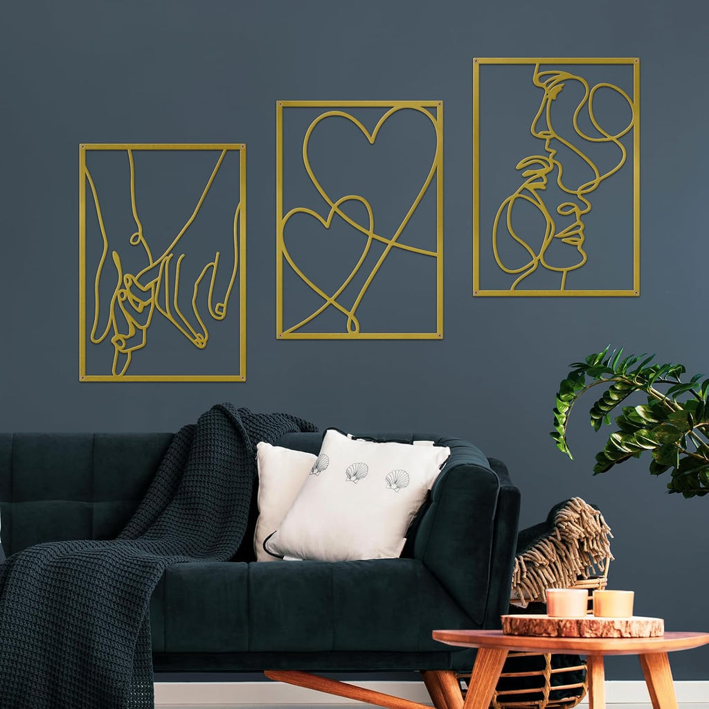 3 Pieces Metal Minimalist Line Wall Art, Love Heart Metal Wall Decor