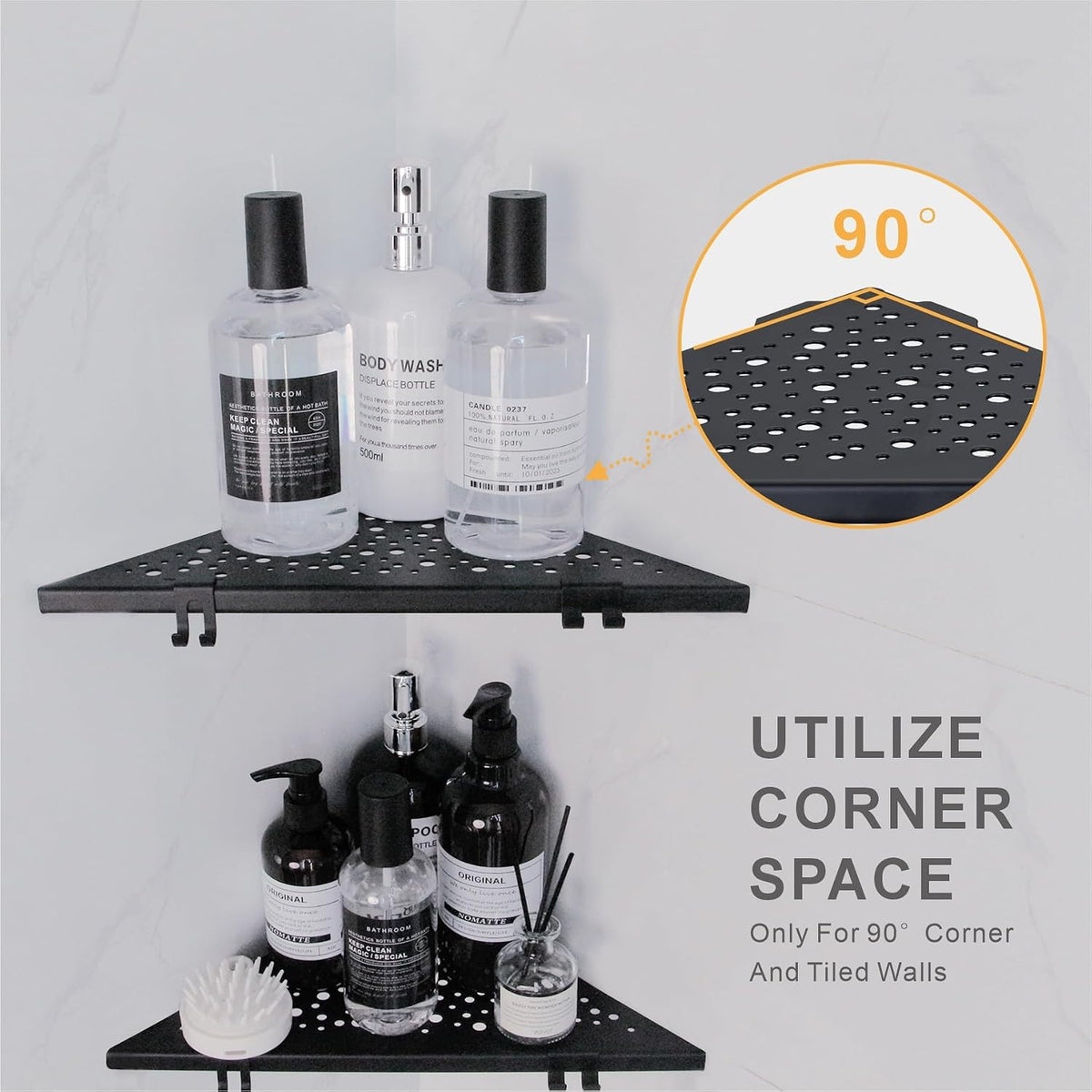 WELLUP Shower Shelf with 4 Hooks,10" Matte Black Corner Shower Shelf 2 Pack