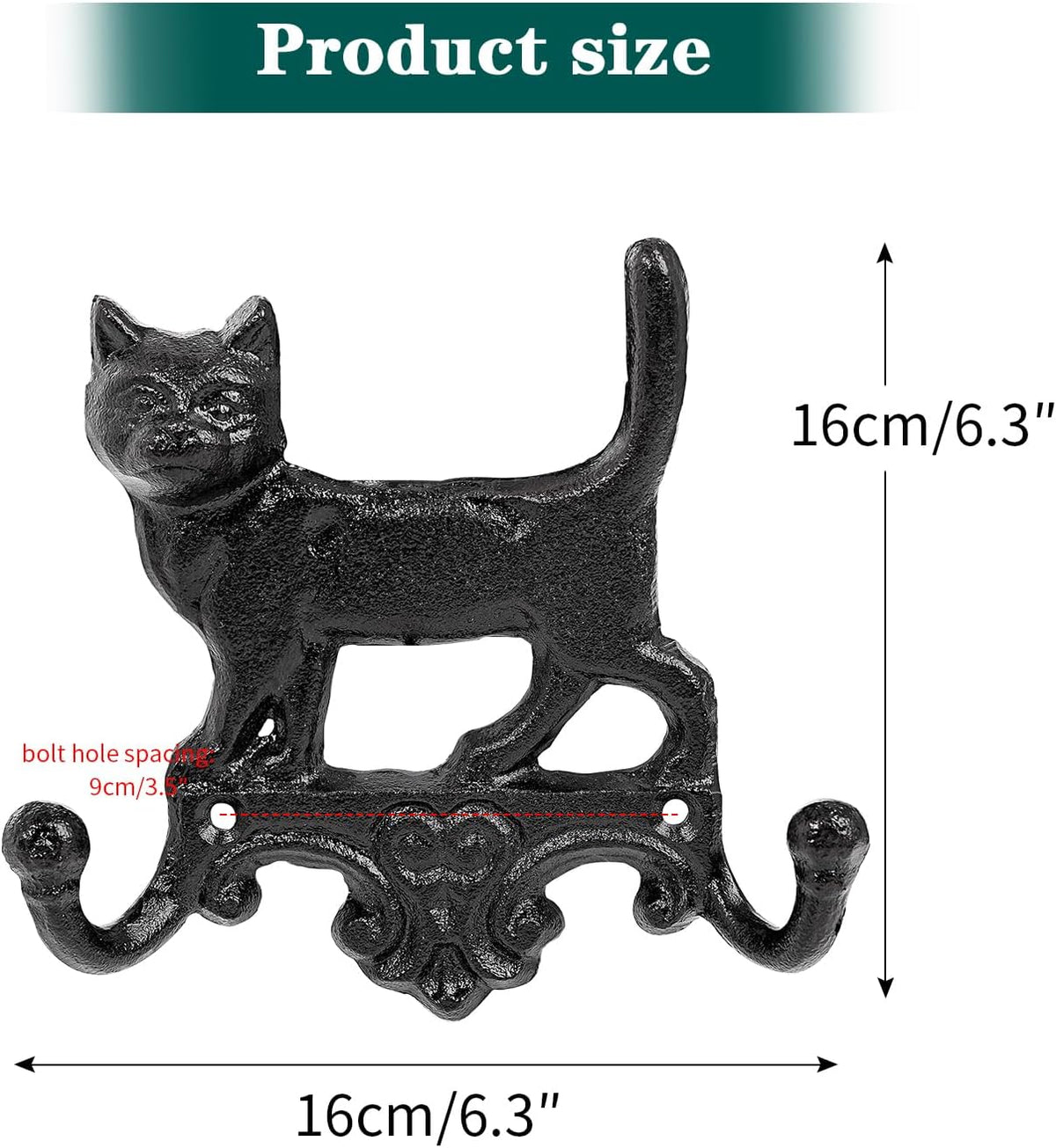 Sungmor Cast Iron Vintage Cat Wall Hooks - Rustic Heavy Duty Double Hooks