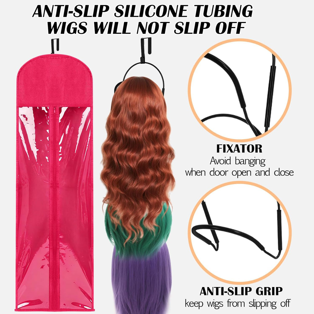 10 Pcs Wig Hangers Rack for Multiple Wigs, Dust-proof Storage Bag, Hot Pink