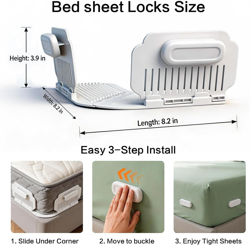 Bed Sheet Holder for Corners, New Upgrade Bed Sheet Grippers Dual-Side Lock Design, 4Pcs Bed Sheet Holders Heavy Duty Sheet Clips Fitted All Mattress Sizes, Lock Sheet Holders Keep Firm (White)