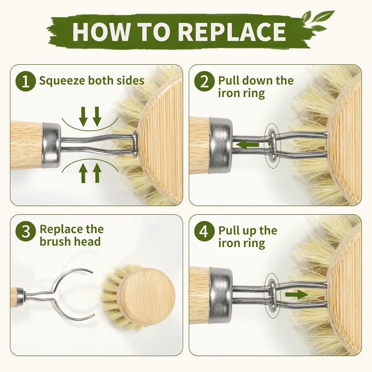 Bamboo Dish Brush with Handle, Natural Dish Brush Set Includes 2 Replacement Brush Heads, Kitchen Scrub Brush with Sisal and Palm Bristle for Cleaning Dishes, Pans and Vegetables