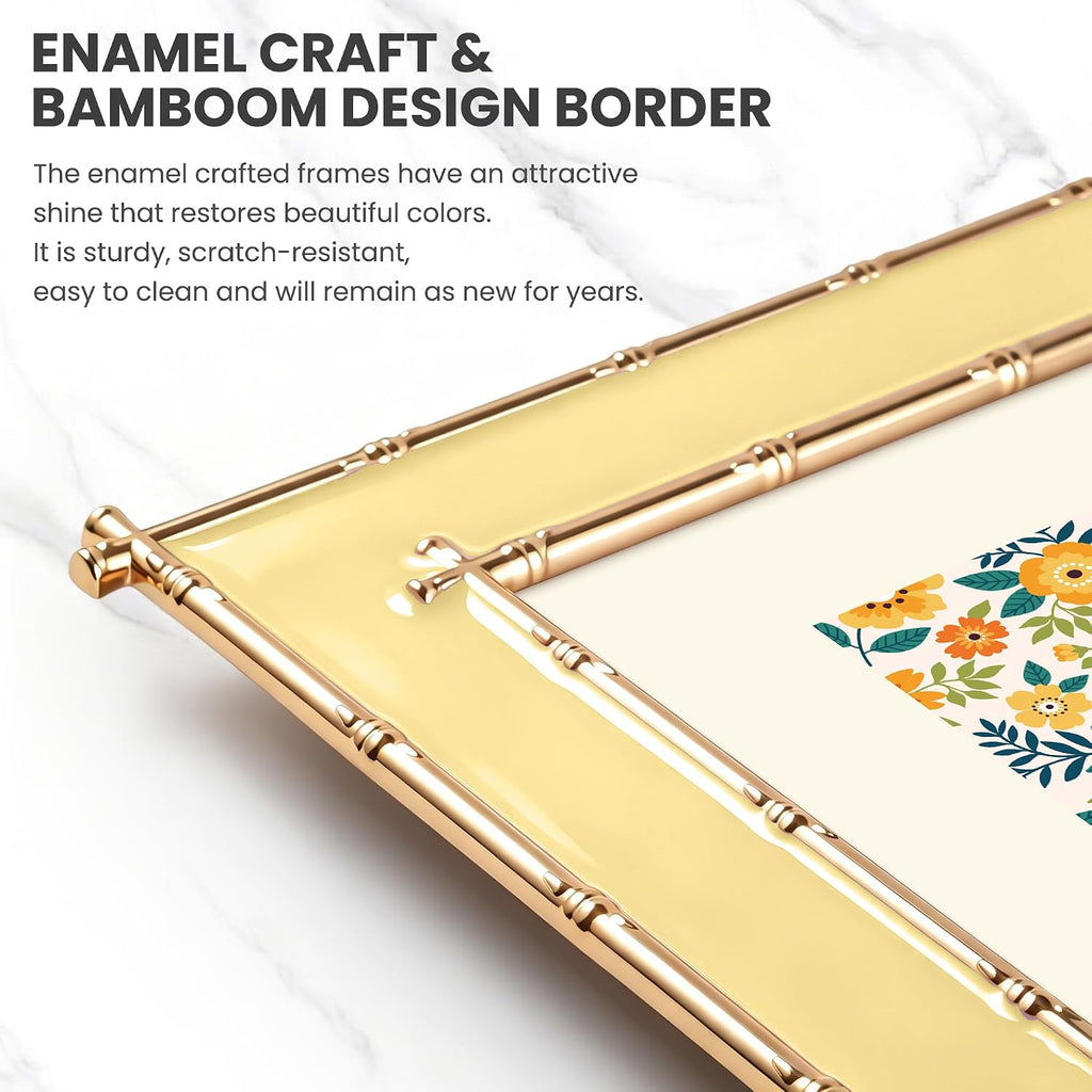 4x6 Picture Frame Yellow Enamel, Gold Bamboo Design Edge, Tabletop, 1pc